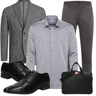 Outfit mit Dunkelgrau/Grau/Hellgrau Sakko/Kaschmir-Strickjacke/Wolle Strickjacke/Boucle Strickjacke/Strickjacke Gefüttert/Strick­blazer/Boucle Blazer Jack & Jones "Business Look"