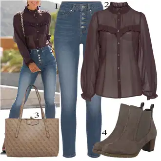 90-ich, Stil Outfit sa Smeđa/Ljubičasta/Pink Bluza s Podignutim Ovratnikom/Prozirna bluza/Kožna jakna Lascana "Jesenski Outfit"Look: klasický, Stil, Steampunk, Western, Old Money, Sveučilišna, Preodjeven, Transparentan