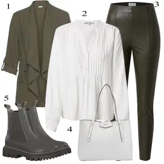 Podzim Outfit s Bílá/Krémová/Khaki Slip-on Halenka/Halenka s Dlouhým Rukávem/Kožená bunda pro muže/Halenkové Body/Sportovní Halenka/Oversize Muselínová Blůza About You "Perfekt na Podzim"