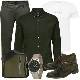 Elegant Outfit mit Dunkelgrün/Khaki Slim Hose/Twill Hose/SchlupfHose/FunktionsHose Only & Sons "Casual Business Outfit"Look: Fische, Outdoor, Smart Casual, Unisex, Coole, Old Money, Elegant, Büro, Schön