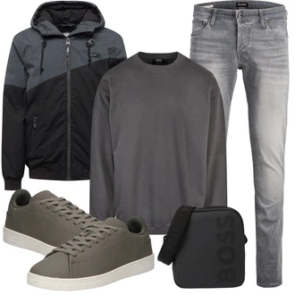 Outfit mit Grau/Hellgrau/Dunkelgrau Biker Jeans/Slim Fit Jeans/Lederjacke/Low Rise Jean/Leder Schuhe/Herren Lederjacke/Jeans mit Schlitz/Low Waist Jean/Winterjacke Jack & Jones "Cool für die Freizeit"