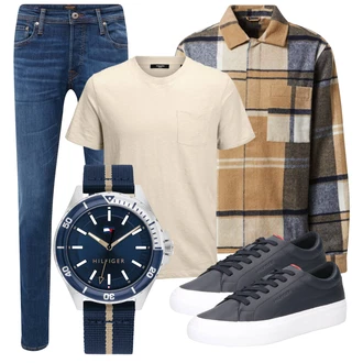 Outfit mit Blau/HellBlau Slim Fit Jeans/Leder Schuhe/Lederjacke/Damen 7/8-Länge Jeans/Low Rise Jean/Tapered-Jeans/Winterjacke/Low Waist Jean/Schlupfjeans/Jeans mit Schlitz/Straight Leg Jean/Regular-Fit Jeans/Cropped Jeans/Knöchelstiefel Jack & Jones "Cooles Alltagsoutfit"