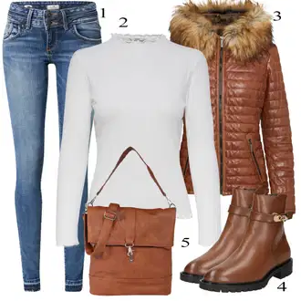 Krzno Outfit sa Narandžasta/Smeđa/Crvena Kožna Jakna/Donja Jakna/Zimska Jakna/Pernata Jakna/Izuzetna jakna Oakwood "Jesenski Outfit"