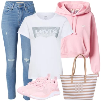 90tá léta Outfit s Červená Balónová košile/Jednoduchý top/Ležérní top/Zkrácený Top/Pletený top/Pletené tričko/Košilový top/Krátký top levi's ® "Perfekt na podzim"Look: 80tá léta, 90tá léta, Francouzské, Mom, Univerzitní