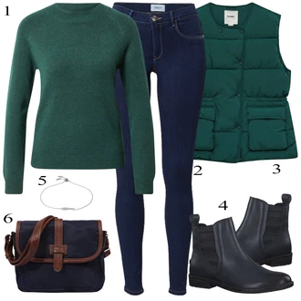 Outfit s Tmavě zelená/Zelená Puffer Vest/Lidová Vest/Prošitý Prslušenství/Funkční Vest/Vest bez Rukávů/Krátká Vest/Peřová Vest Pull&Bear "Perfekt na podzim"