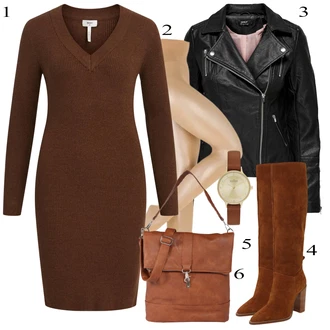 Outfit sa Tamnosmeđa/Smeđa Jesenska Haljina/Zimska Pletena Haljina/Zimska haljina dugih rukava/Džemper Haljina/Duga pletena haljina Object "Jesenski Outfit"