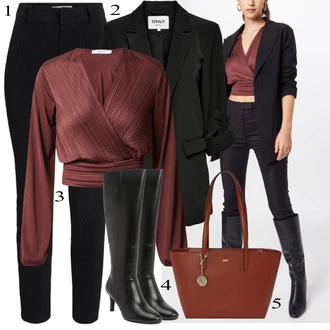 Výstřih na ramena Outfit s Červená/Růžová/Fialová/Tmavě červená/Vínová/Hnědá Elegantní Halenka/Plisovaná Halenka/Zavinování Halenka About You "Perfekt na podzim"