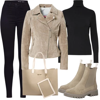 S podšívkou Outfit s Černá/Tmavě modrá Motorkářské Džíny/High Waist Džínové Kalhoty/Push up Džín/Kožená bunda/Kožené Boty/Termální Džíny/Zimní bunda Noisy may "Skvělý podzimní Outfit"