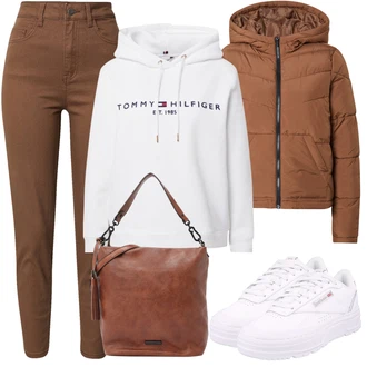 Outfit s Bílá/Růžová/Šedá/Krémová/Stříbrný/Vícebarevný Originální mikina/Svetr S Kapucí/Partnerská Mikina/Sportovní mikina/Mikina/Unisex Mikina S Kapucí/Vintage mikina/Dámský Svetr/Svetr s kapucí Tommy Hilfiger "Skvělý podzimní Outfit"