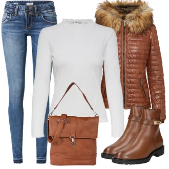 Outfit s Červená/Hnědá/Oranžová Kožené Bund/Zimní Bund/Puchová Bund/Péřová Bunda/Neobvyklá bunda Oakwood "Perfekt na podzim"