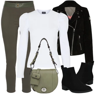 Skromné Outfit s Černá Dámská Ponožková Bota/Chelsea Boty/Plochá Kotníková Bota/Gumová Kotníková Bota/Kožená bunda/Letní kotníková kozačka About You "Ležérní Outfits"Look: Cool, Duckfeet, Elegantní, Krásný, Old Money, Bezešvé, Skromné