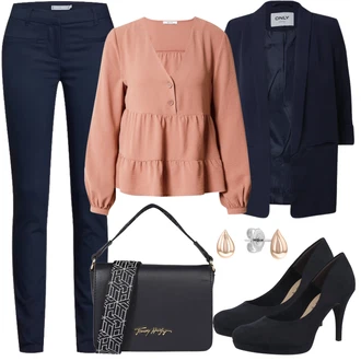 Outfit s Růžová/Hnědá/Fialová Peplum blůza/Halenka s Nafouknutým Rukávem/Halenka s Dlouhým Rukávem/Halenkový Top About You "Elegantní Podzimní Outfit"