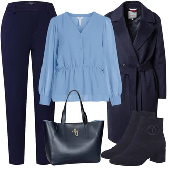 Outfit s Světle modrá/Modrá Slip-on Halenka/Tunikové Tričko/Halenkový Top/Halenkové Body/Halenka s Dlouhým Rukávem/Halenka s Nafouknutým Rukávem/Jednobarevná Halenka/Crash blůza Object "Elegantní Podzimní Outfit"