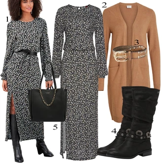 Elegantní Outfit s Šedá/Hnědá/Bílá/Tmavě šedá Šaty Niki/Šaty na Podzim/Občanské šaty/Zimní šaty s dlouhým rukávem/Košilové šaty/Šaty s Rozparkem/Šaty S Potiskem/Šaty s dlouhým rukávem/Maxi Šaty/Dlouhé pletené šaty Lascana "Perfekt na podzim"Look: 20 léta, Elegantní, Jazz, Mom, Old Money, Slavnostní