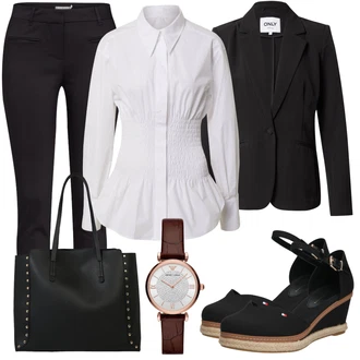 Outfit s Černá/Béžová Lodička na klínku/Boty Mary Jane/Espadrilka s klínovým podpatkem/Bota Na Klínku/Přezková bota/Espadrilka na Podpatku/Espadrille sandál Tommy Hilfiger "Elegantní Podzimní Outfit"