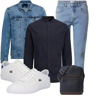 90er Outfit mit Blau/Hellblau Große Größe Mantel/Jeanshemd/Bluse Große Größe Blend "Freizeit Bekleidung"Look: Rad, Uni, Workwear, 70er, Punk, Vintage, 90er, Skater, Retro, Rockabilly