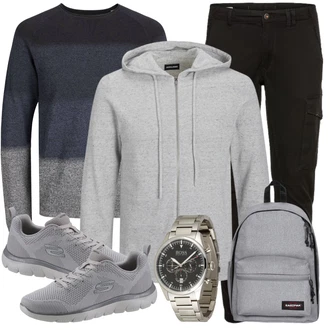 Outfit mit Grau/Dunkelblau Wollpullover/2-in-1 Pullover/Feinstrickpullover/Kaschmir Pullover/Einfacher Pullover/Basic Pullover/Rollkragenpullover/Winterpullover Jack & Jones "Freizeit Outfit"
