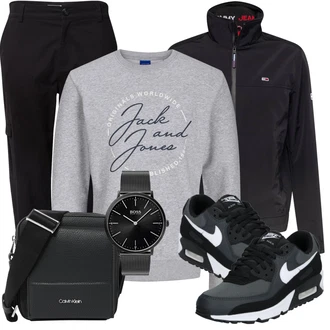 Outfit mit Schwarz/Dunkelgrau/Rot/Grau Strickjacke Gefüttert/Stehkragen-Strickjacke/Merinojacke/2in1 Jacke/Laufjacke/Thermojacke/Segeljacke/Funktionsjacke/Langlaufjacke/Sportjacke Tommy Jeans "Freizeit Outfit"