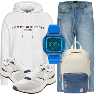 Outfit mit Grau/Weiß/Silber/Creme Sweatmode/Unisex Hoodie/Hoodie/Damen Pullover/Partner Hoodie/Ausgefallener Hoodie/Sport Hoodie/Vintage Hoodie/Sweatshirt Tommy Hilfiger "Freizeit Outfit"
