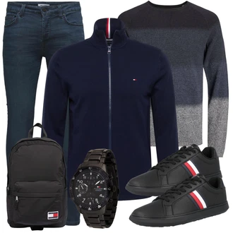 Outfit mit Grau/Dunkelblau Wollpullover/2-in-1 Pullover/Feinstrickpullover/Kaschmir Pullover/Einfacher Pullover/Basic Pullover/Rollkragenpullover/Winterpullover Jack & Jones "Freizeit Outfit"
