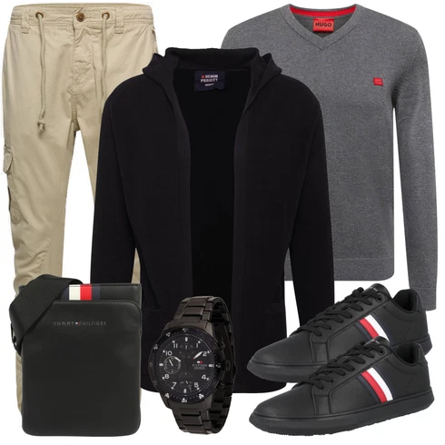 Grau Strickjacke Hugo kombinieren mit Schwarz/Grau Uhr Tommy Hilfiger