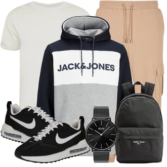 7/8-lang Outfit mit Beige/Khaki/Braun Cargo-JoggingHose Urban Classics "Freizeit Outfit"