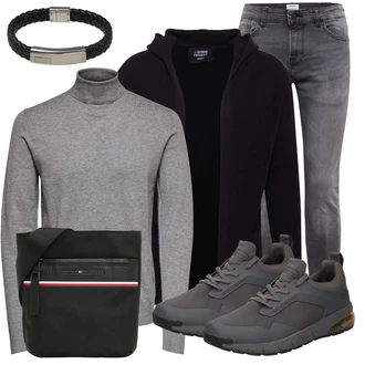 Outfit mit Grau/Dunkelgrau/Hellgrau Rollkragenpullover/Feinstrickpullover/Basic Pullover/Einfacher Pullover/Wollpullover Only & Sons "Freizeit Outfit"