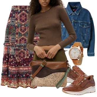 Outfit s Červená Dlouhý Zimní Kabát/Dlouhá tylová sukně/Taška Přes Rameno/Dlouhé Kardigany/Dlouhé Šaty/Doplňek WHITE STUFF "Ležérní Outfit"