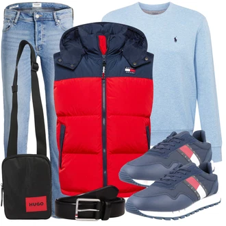70er Outfit mit Hellblau/Blau Slim Fit Jeans/Lederjacke/Leder Schuhe/Push up Jeans/Low Rise Jean/Winterjacke/Jeans mit Schlitz/Regular-Fit Jeans/Knöchelstiefel/Herren Lederjacke/Schlupfjeans/Low Waist Jean/Tapered-Jeans Jack & Jones "Freizeit Outfit"Look: Uni, Classic, Premium, 70er, Coole, Schön, Old Money, Schlichte, Casual