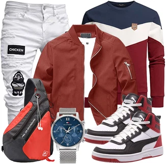 Motorrad Outfit mit Rot/Braun/Dunkelrot Collegejacke/Frühlingsjacke/Jacke mit Seitlichem Reißverschluss/Coachjacke/Fliegerjacke/Sommerjacke/Nylonjacke KEFITEVD "Freizeit Outfit"Look: Reiten, Motorrad