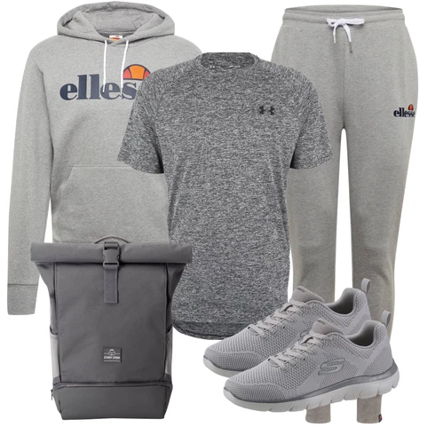 Sportlich Hellgrau/Grau Jogger Hose/SportHose/Cargo-JoggingHose Ellesse kombinieren mit Schuh Sneaker SkechersLook: Outdoor, Unisex, Coole, Skater, Sportlich