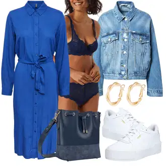 Outfit s Modrá/Tmavě modrá Pánské boty ve velikosti 11/Krajková podprsenka/Podprsenka s kosticemi/Bralette/Podprsenka Balconette/Měkká podprsenka TRIUMPH "Ležérní Outfit"