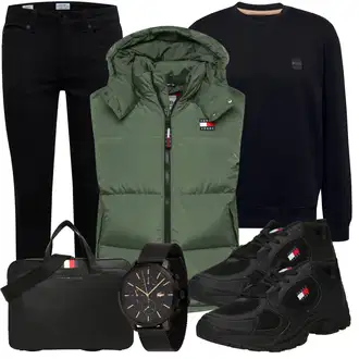 Outfit mit Schwarz Low Rise Jean/Push up Jeans/Regular-Fit Jeans/Lederjacke/Slim Fit Jeans/Leder Schuhe/Thermojeans/Winterjacke Only & Sons "Freizeit Outfit"
