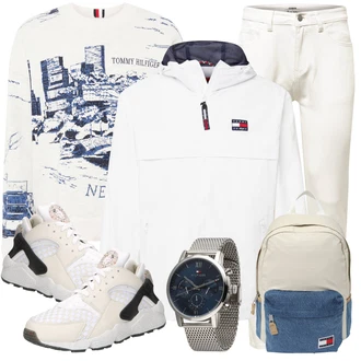 Outdoor Outfit mit Creme/Khaki/Weiß Biker Jeans/Cropped Jeans/Tapered-Jeans/Slim Fit Jeans/Lederjacke/Thermojeans/Caprijeans/Knöchelstiefel about you x alvaro soler "Freizeit Outfit"Look: Uni, Outdoor, Coole, Old Money, Unisex, Schlichte, Moderne