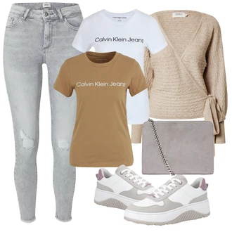 Outfit s Šedá/Fialová/Světle šedá/Béžová/Hnědá Ledvinka/Klasická Taška Přes Rameno/Dopisová peněženka/Taška na Macbook/Taška Na Notebook/Taška na telefon/Kosmetická Taštička About You "Ležérní Outfit"