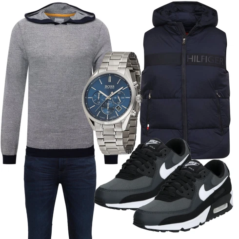 Schwarz Mantel Tommy Hilfiger kombinieren mit Grau Accessoire Uhr boss black