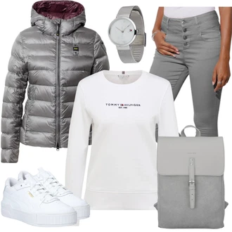 Outfit s Šedá Dlouhé Šaty/Dlouhá tylová sukně/Mikina/Dlouhý Zimní Kabát/Mikina/Teplák Tommy Hilfiger "Podzimní Outfit pro každodenní nošení"