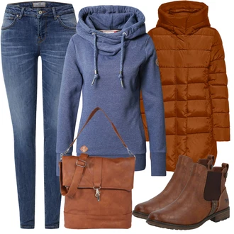 Outfit s Modrá Dlouhý Zimní Kabát/Zvonová Kalhoty/Dlouhá tylová sukně/Dlouhé Kardigany Ragwear "Podzimní Outfit pro každodenní nošení"