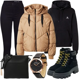 Zima Outfit s Černá Trekingová Bota/Zimní bota/Teniska Zimní Tenisky/Nepromokavá Bota/Nepromokavá kozačka/Bezpečnostní bota/Šněrovací Kozačka na Platformě Edited "Podzimní Outfit pro každodenní nošení"