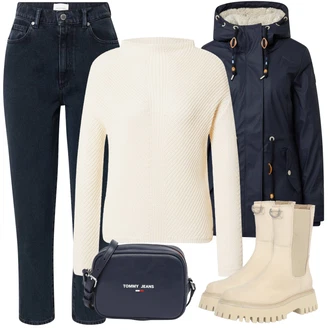 Outfit s Khaki/Béžová Chelsea Boty/Holínky/Plochá Kotníková Bota/Gumová Kotníková Bota/Klasická kozačka/Kožená bunda/Motorkářská bota Bronx "Podzimní Vzhled"