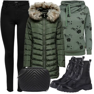 Outfit s Černá Zimní bota/Nízká bota na podpatku/Šněrovací Bota/Kozačka Šněrovací Kotníková Bota MARCO TOZZI "Podzimní Vzhled"