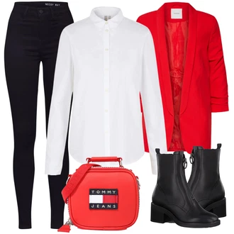 Outfit s Červená/Tmavě červená Oversize Sako/Boyfriend Sako/Dlouhý Sako/Teplákový blejzr/Kožená bunda pro muže Pieces "Podzimní Vzhled"