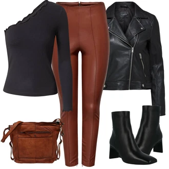 Outfit s Hnědá/Oranžová/Béžová Kožená Kalhoty/Latexové legíny/Legíny Kožený Vzhled/Vinylový Legín/Kalhoty z Umělé Kůže/Legíny s Rozparkem/Kožený legíny Only "Podzimní Vzhled"