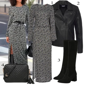 Elegantan Outfit sa Siva/Tamnosiva/Smeđa/Bijela Haljina Veći Broj/Tunika Lascana "Jesenski Outfit"Look: Jazz, Old Money, 20-ih godina, Mom, Elegantan