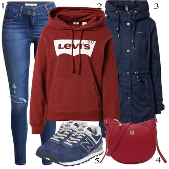 Outfit sa Crvena Dodatak/Dukserica/Dukserica s kapuljačom/Trenirka/Majica Bez Rukava/Trenirka/Traperice Slim Kroja levi's "Jesenski Outfit"