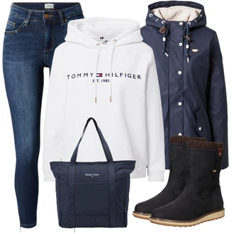 Outfit s Bílá/Růžová/Šedá/Krémová/Stříbrný/Vícebarevný Originální mikina/Svetr S Kapucí/Partnerská Mikina/Sportovní mikina/Mikina/Unisex Mikina S Kapucí/Vintage mikina/Dámský Svetr/Svetr s kapucí Tommy Hilfiger "Podzimní Vzhled"