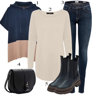 Outfit s Černá/Tmavě Modrá/Modrá Chelsea Boty/Plochá Kotníková Bota/Gumová Kotníková Bota/Kožená bunda Edited "Podzimní Outfit"