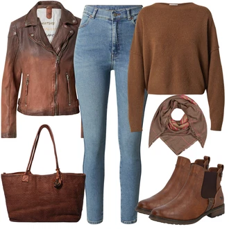 Outfit s Hnědá/Béžová Chelsea Boty/Kožená bunda/Plochá Kotníková Bota/Jezdecká Bota Mustang "Podzimní Vzhled"