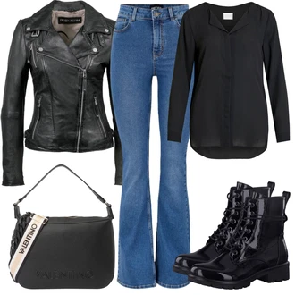 Retro Outfit s Modrá/Světle modrá/Lilové barvy Zvonové Džíny/Pánské tričko/High Waist Džínové Kalhoty/Džíny s Rozparkem Pieces "Podzimní Vzhled"Look: Styl, 90tá léta, Boho, Klasické, Cool, Retro, Old Money, 70tá léta