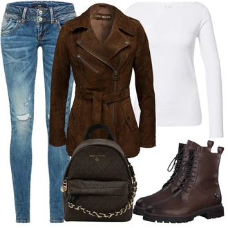 Outfit s Modrá/Tmavě modrá/Světle modrá Džíny s Dírou/Patchworkové Džíny/Kožená Pánská Bund LTB "Podzimní Ležérní Outfit"